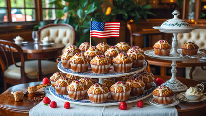 delicious appetizing muffins, american flag
