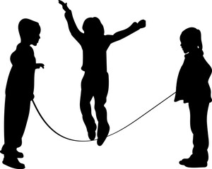 silhouette children jumping rope on white background, vector