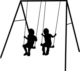 silhouette children riding on a swing on a white background, vector