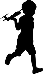 silhouette boy playing with airplane on white background, vector