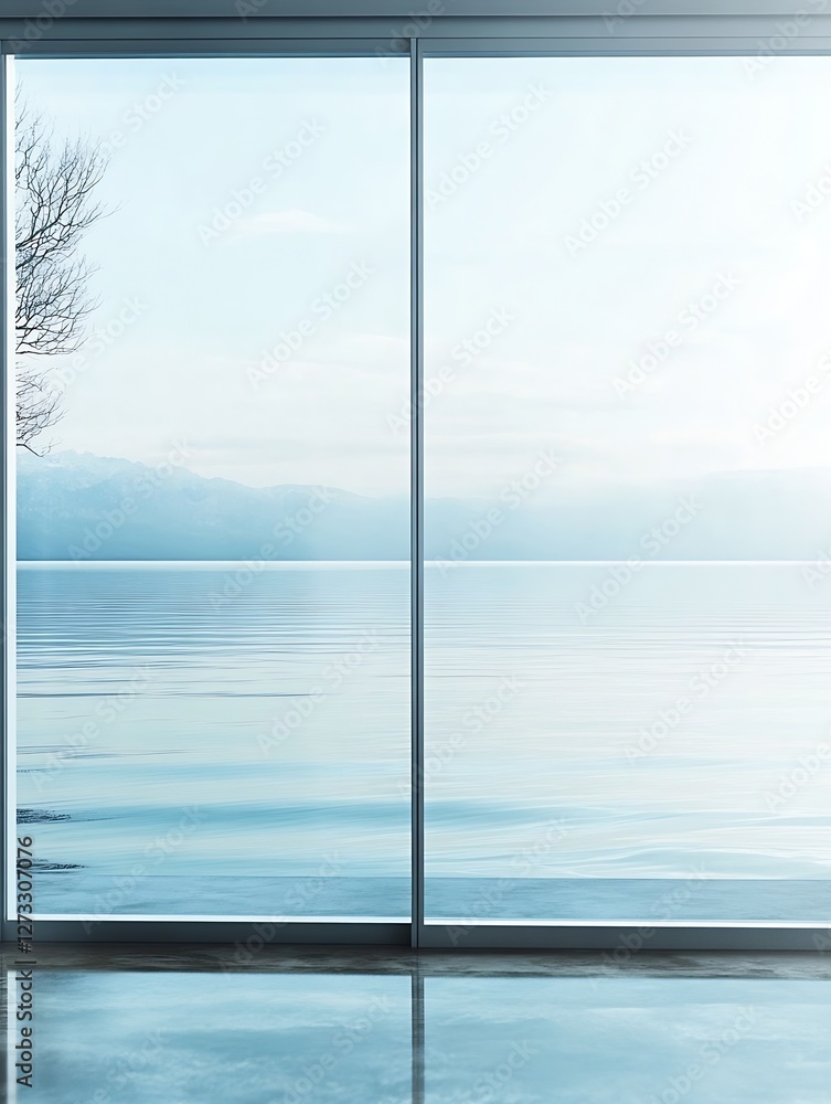 Poster minimalist room with a panoramic view of still waters and foggy mountains in the distance : generati