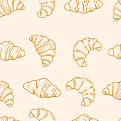 Seamless vector pattern hand-drawn croissants. Vintage sketch style.Food pattern. For bakery branding, packaging, textiles, wallpaper, food packaging, cafe decor, menu backgrounds.