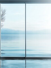 Minimalist Room with a Panoramic View of Still Waters and Foggy Mountains in the Distance : Generative AI