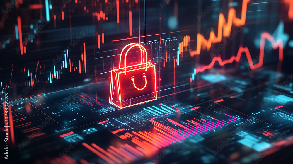 Poster a digital illustration featuring a glowing lock symbol amidst vibrant data graphs, representing cybe