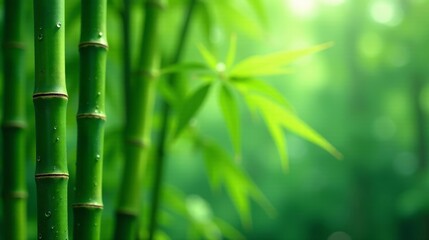 Obraz premium Vibrant Green Bamboo Stalks with Dew Drops, Lush Foliage Background, Tranquil Nature Scene