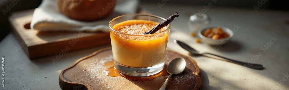 Poster Delicious creamy dessert with caramel drizzle and vanilla bean on a rustic wooden table
