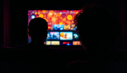 Fototapeta premium A person engrossed in TV content in a cozy, dimly lit room, with screen glow illuminating them.