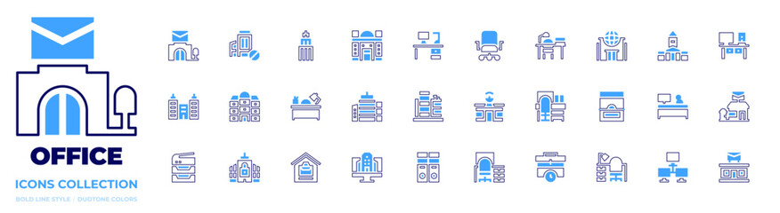 Office icon collection. Bold line style. Duotone colors. desk, office, work from home, network, post office, building, company, work time, photocopier, office chair, news office, ticket office, folder