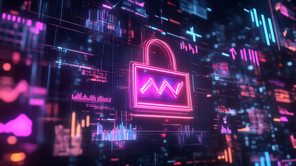 A vibrant digital illustration featuring a neon lock symbol overlaid on a backdrop of abstract data patterns, representing cybersecurity.