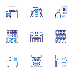 Office icon set. Bold line style. Duotone colors. Editable stroke. desk, telecommuting, office, police station, ticket office, office table