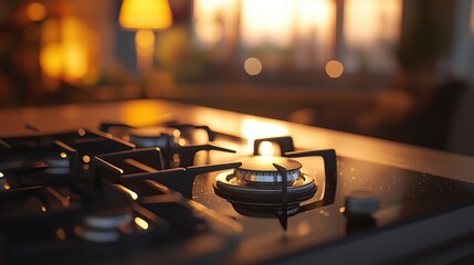 Obraz premium Minimalist kitchen design featuring a gas stove on a sleek island countertop, with a blurred warm-lit background adding elegance.