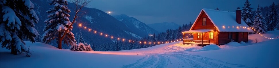 Fototapeta premium Snowy landscape aglow with twinkling string lights, string, lights