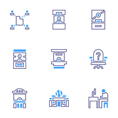 Office icon set. Bold line style. Duotone colors. Editable stroke. shared, ticket office, office, office chair