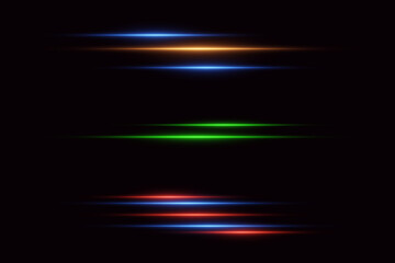 Collection of laser lines, neon light rays effect. On a black background.