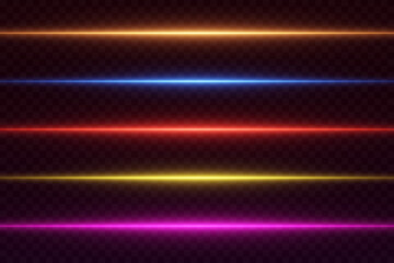 Collection of horizontal neon highlights and line flashes. Vector EPS10