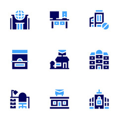 Office icon set. Bold style. Duotone colors. office, ticket office, post office, block