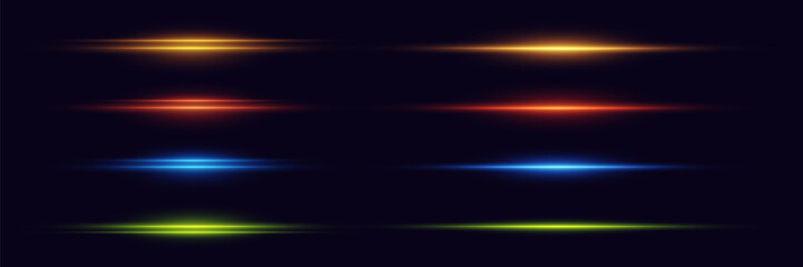 Collection of horizontal neon highlights and line flashes. Vector EPS10
