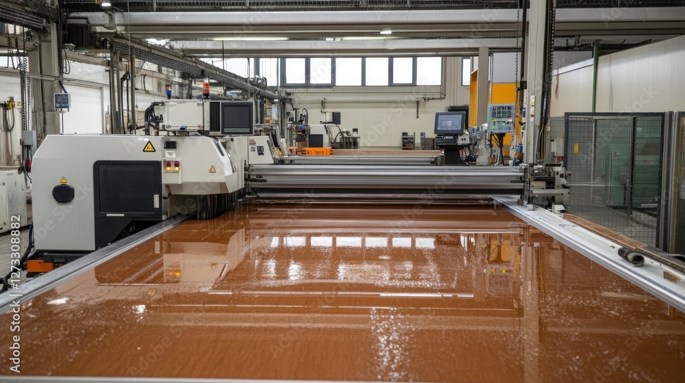 Poster Large industrial cutting machine processes material within a factory setting