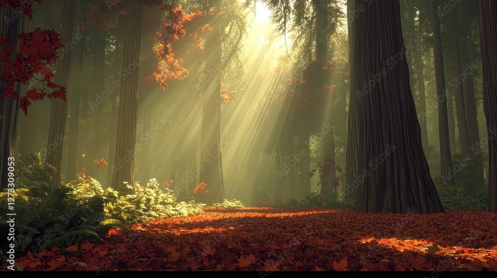 Poster Sunlight filters through trees in a serene autumn forest