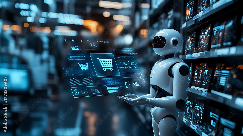 Poster a humanoid robot interacts with a digital interface in a futuristic store aisle, showcasing advanced