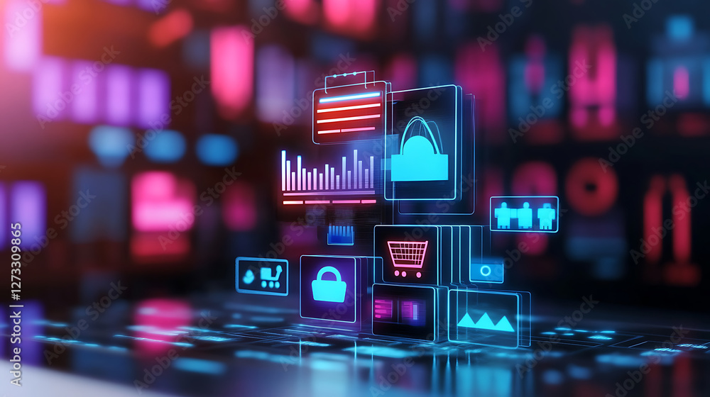 Poster a futuristic display of digital icons representing data analytics, cybersecurity, and e-commerce in 
