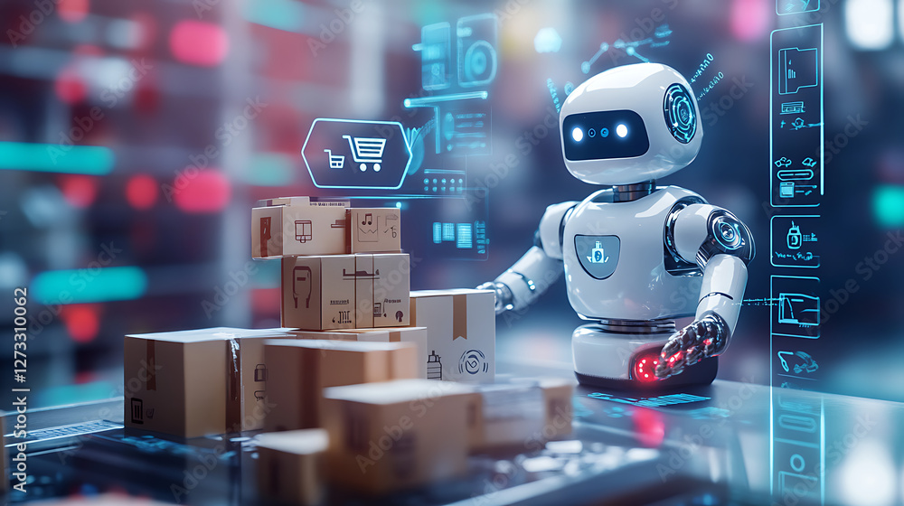 Aufkleber a futuristic robot organizes packages while interacting with digital interfaces, showcasing advancem
