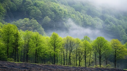 Naklejka premium Lush green forest with fog clinging to the mountainside