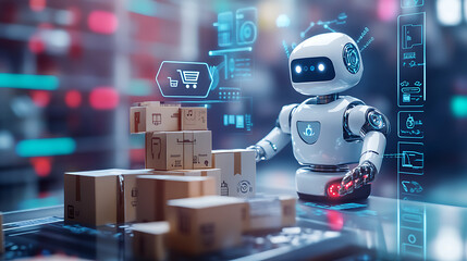 A futuristic robot organizes packages while interacting with digital interfaces, showcasing advancements in automation and e-commerce technology.