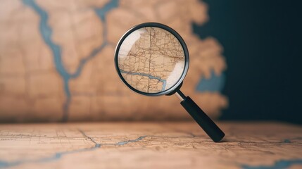 Magnifying glass on a detailed vintage map, exploring geographical features and locations, representing travel and adventure.