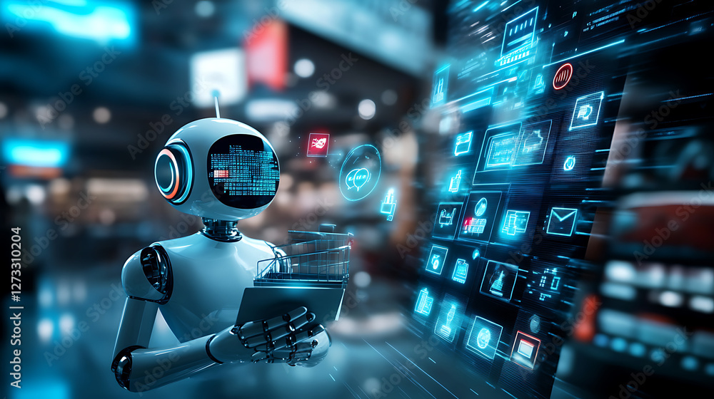 Poster a futuristic robot interacts with digital data and icons, showcasing technology