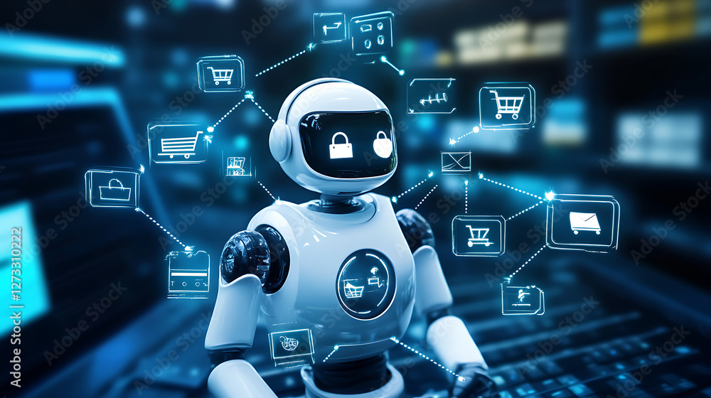 Aufkleber a robotic assistant interacts with digital shopping icons, symbolizing the integration of ai in e-co