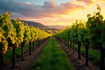 Vineyard rows with ripening grapes under autumn sky, countryside, sky