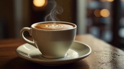 Obraz premium Aromatic cup of coffee: steaming dark brew, creamy foam, cinnamon garnish. Warm golden lighting, cinematic photo, shallow depth of field, cozy coffee shop vibe, nostalgic and inviting.