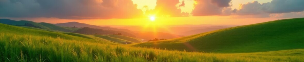 Fototapeta premium The sun rises over the green hills of a meadow, landscape, natural light, nature