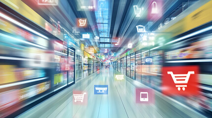 Fototapeta premium A vibrant supermarket aisle filled with products and digital shopping icons, illustrating the fusion of physical and online retail experiences.