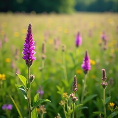 Obraz premium Tufted vetch in a field with other wildflowers and foliage, , vicia cracca, landscape
