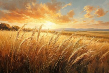 Obraz premium Golden wheat field under dramatic cloudy sky at sunset