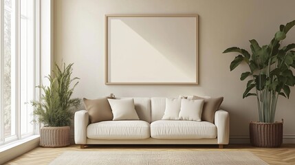 Fototapeta premium Modern Living Room Interior: A serene and stylish living room features a comfortable off-white sofa, complemented by beige cushions and potted plants. A large.