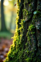 Obraz premium Tree bark covered in moss and lichen early morning, early morning, tree bark