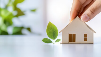 Ecoconscious living, hand holds miniature house with green leaf, symbolizing sustainable practices