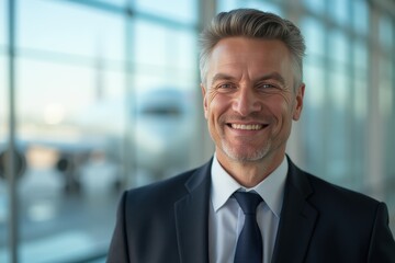 Fototapeta premium Head and shoulders Portrait of an elegant stylish Croatian 50 years old male flight attendant in uniform.