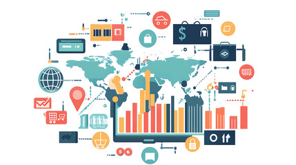 A colorful infographic depicting global commerce, data visualization, and various icons representing finance, technology, and communication.