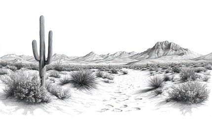Desert landscape, path, cactus, mountains, monochrome, trail, illustration, background, design
