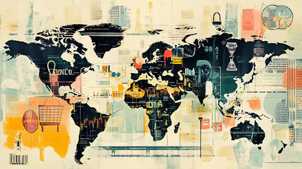 Fototapeta premium A stylized world map featuring various icons and graphics representing data analysis, technology, and global connectivity.