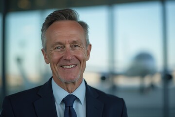 Naklejka premium Head and shoulders Portrait of an elegant stylish Danish 50 years old male flight attendant in uniform.