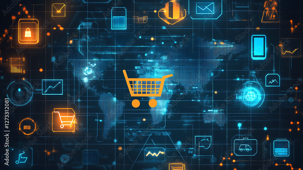 Aufkleber a digital illustration featuring a shopping cart overlaid on a global map, surrounded by various ico