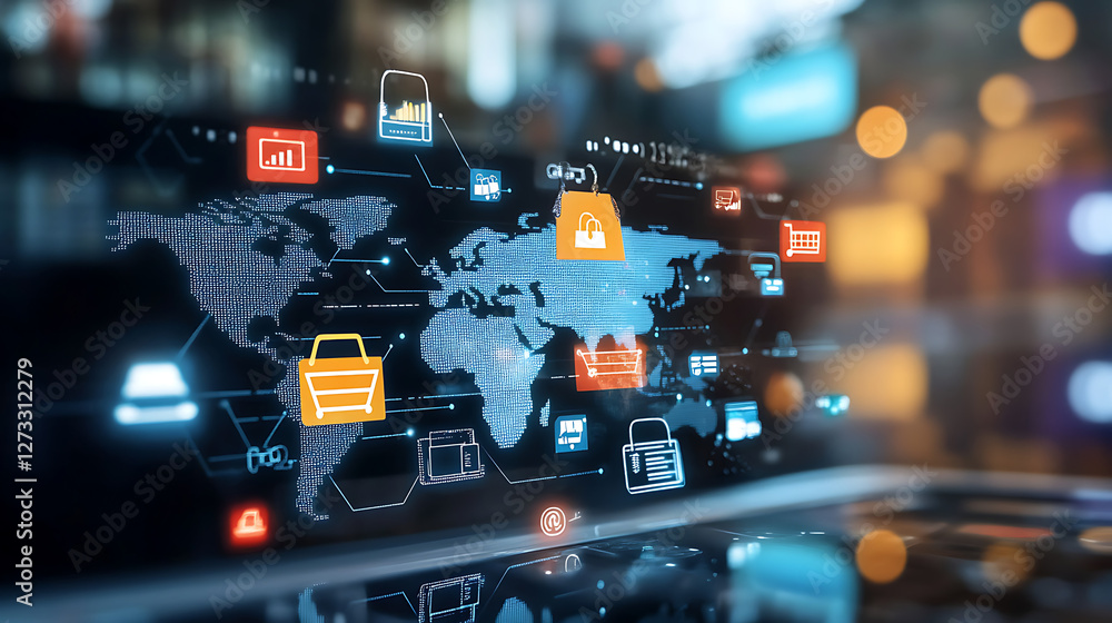 Poster a digital world map with security icons, representing global data protection and cybersecurity trend