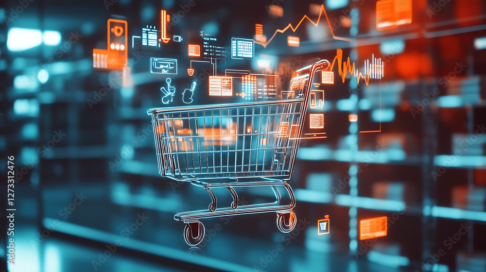 Aufkleber a digital shopping cart surrounded by data and analytics, symbolizing e-commerce and the integration