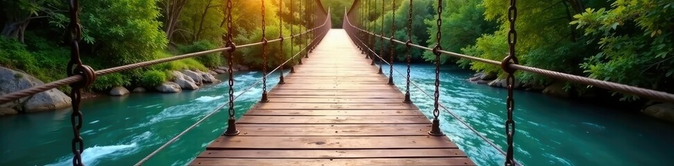 Obraz premium wooden planks on a suspension bridge crossing over the winding river, river, suspension