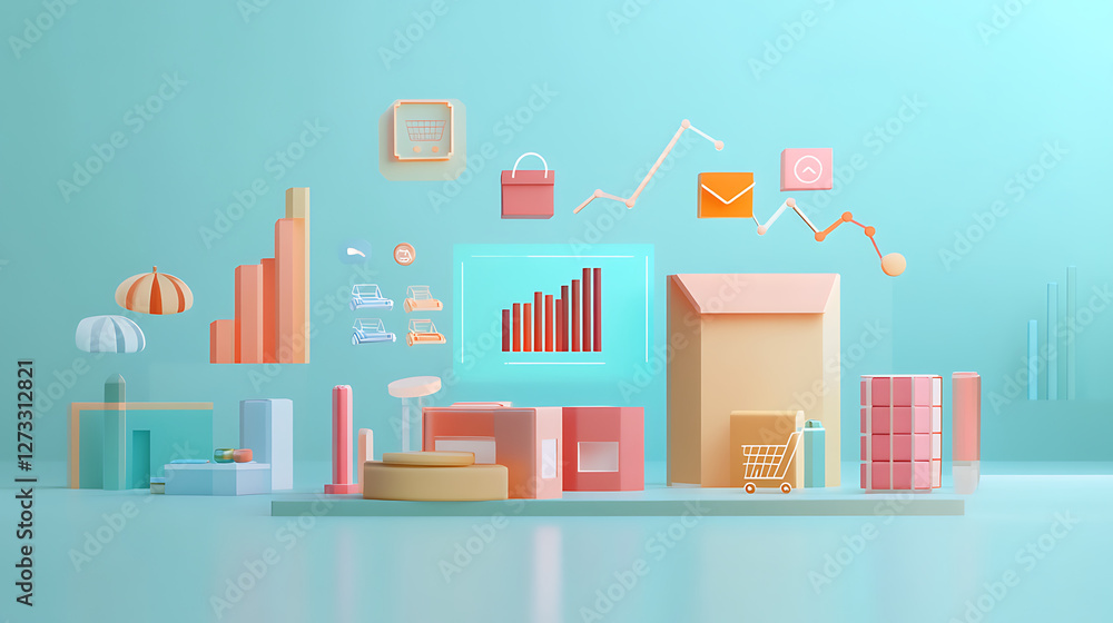 Poster a vibrant, stylized illustration showcasing various graphs, charts, and colorful objects, representi